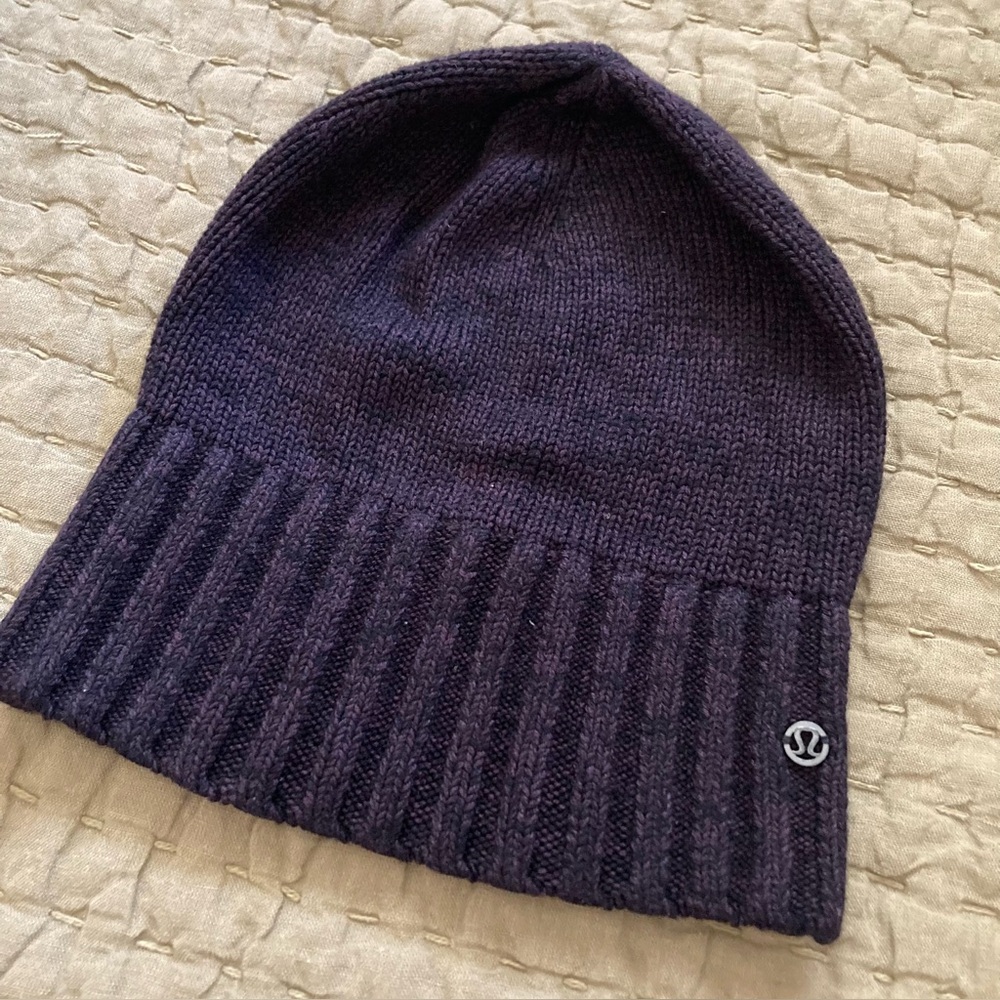 Lululemon Purple Black Beanie with Ponytail Hole OS Super Soft
